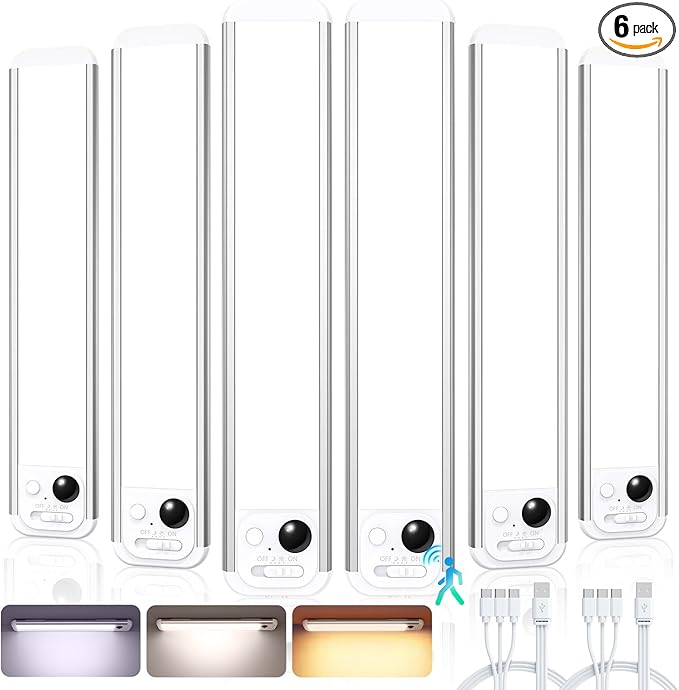 RUIKORING 8.5" Under Cabinet Lighting 6 Pack, 3 Colors, Motion Sensor Light Indoor,48 LED Rechargeable Closet Lights, Dimmable Under Counter Lights, Stick-On Magnetic Cabinet Night Lights for Kitchen