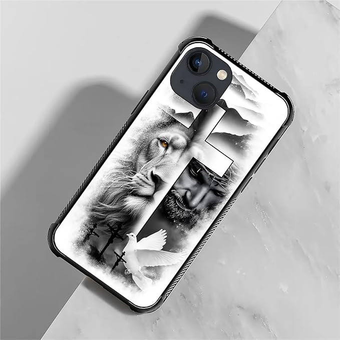 for iPhone 13 Mini Case, Lion Cross Jesus Christ Dove Pattern Made of Soft Silicone Hard Acrylic Shock Protection for iPhone 13 Mini