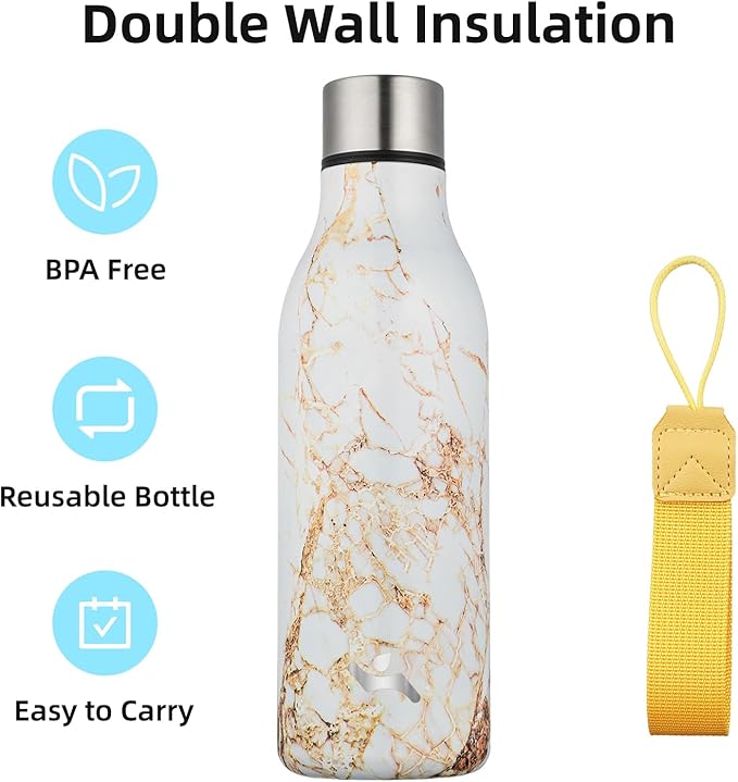 Konokyo Insulated Water Bottle with Strap,18 oz Double Wall Stainless Steel Vacuum Bottles Metal Water Flask,Marble Amber