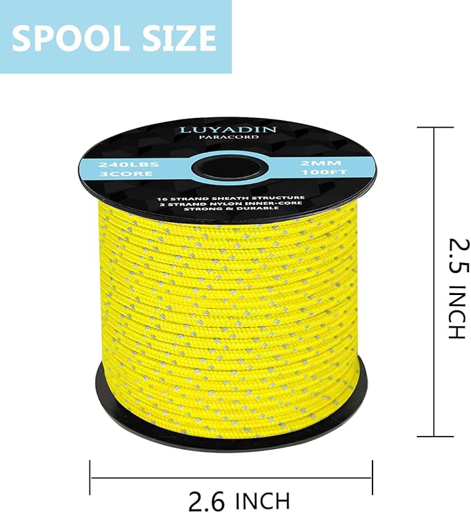 Reflective Paracord 240lb - Diameter 2mm Micro Utility Cord -3 Strand Parachute Spool Cord - 100ft 200ft,Paracord for Camping,Hiking,Fishing,Outdoor and DIY