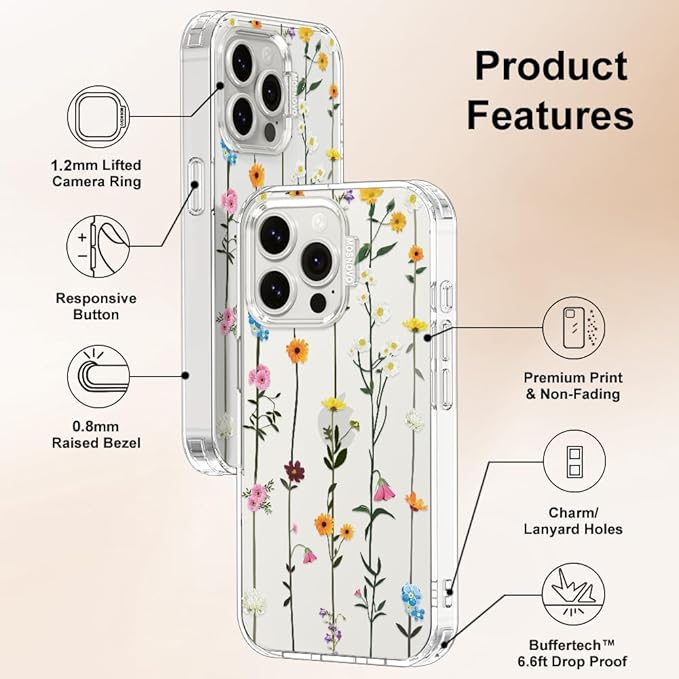 MOSNOVO Case for iPhone 15 Pro Max, [Buffertech 6.6ft Military-Grade Drop Protection] [Anti Peel Off Tech] Clear TPU Bumper Phone Case Cover Design - Wildflowers