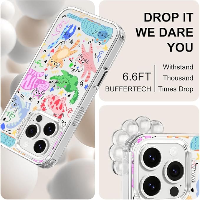 MOSNOVO for iPhone 16 Pro Case, Shockproof Military-Grade Protection 6.6ft Drop Tested, Clear Phone Case for iPhone 16 Pro, Doodle Cats Design