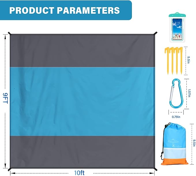 Famstar Beach Blanket Oversized Extra Large 10'X 9',Waterproof Sandproof Beach Blanket 2-8 Adults Lightweight Durable for Travel Camping Hiking Picnic (10'X 9', Blue&Grey)