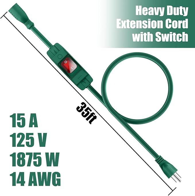 Extension Cord with Switch On/Off Waterproof Switch 35Ft No Plugging and Unplugging Invintage Stereo Devices Without Built-in Power Switch(35 FT/Green)