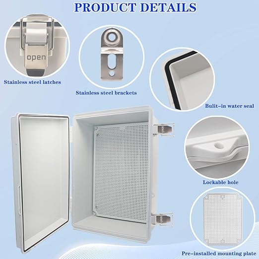 Waterproof Electrical Box with Mounting Plate, IP67 Junction Box Stainless Steel Latch Hinged Grey Cover Project Enclosure with Wall Bracket and 2 Glands 14" x 10" x 6"