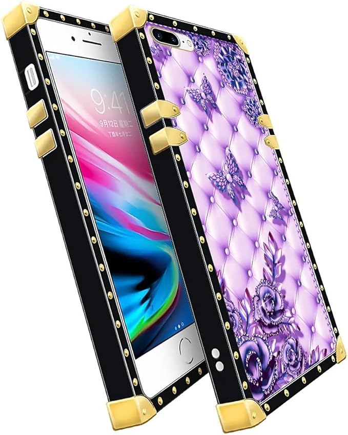 Compatible with iPhone 8 Plus 7 Plus Case, Purple Butterfly Flowers Leaf Luxury Golden Decoration for Girl Women Soft TPU Shockproof Protective Hard PC Back for iPhone 8 Plus 7 Plus