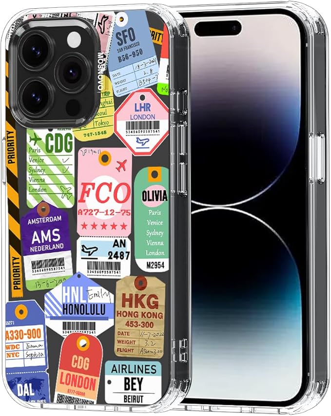 MOSNOVO Case for iPhone 14 Pro Max, [Buffertech 6.6ft Military-Grade Drop Protection] [Anti Peel Off Tech] Clear TPU Bumper Phone Case Cover Design - Air Ticket Labels