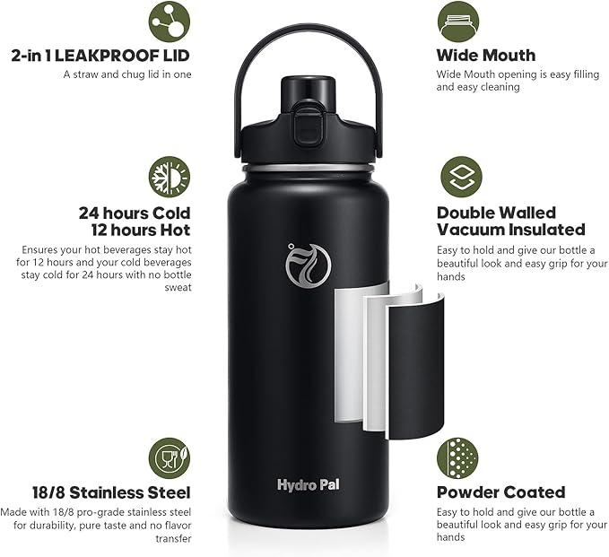 64oz Half Gallon Insulated Water Bottle with 2-in-1 Lid (Chug & Straw), Double Walled Vacuum Stainless Steel Water Bottles, Wide Mouth Leakproof Insulated Jug with Straw