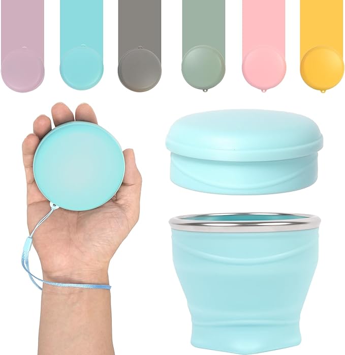 Collapsible Travel Cup with Lid (6oz/180ml) - BPA Free Silicone Folding Cup with Stainless Steel Rim - Portable Pocket Cup for Mouthwash, Pills, Hiking, Camping & Kids(Gulf Blue)