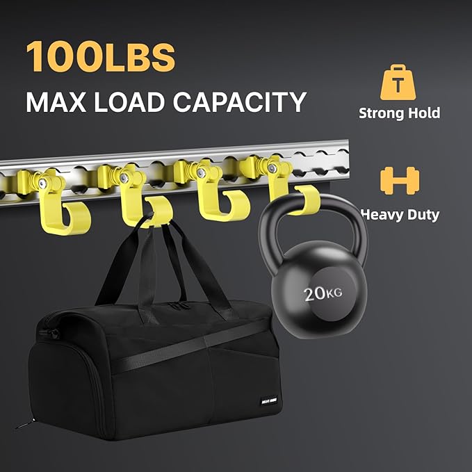 4 Pack L Track Hooks with Single Stud Fitting, Spring-Loaded Adjustable Gear Hook, Aluminum L Track Accessories for Trailer, Truck, Garage, Tie Down System, 100LBS Max Load Capacity – Yellow