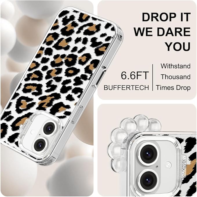 MOSNOVO Case for iPhone 16 Plus, [Buffertech 6.6ft Military-Grade Drop Protection] [Anti Peel Off Tech] Clear TPU Bumper Phone Case Cover Design - Leopard Print
