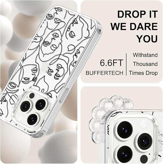 MOSNOVO Case for iPhone 14 Pro, [Buffertech 6.6ft Military-Grade Drop Protection] [Anti Peel Off Tech] Clear TPU Bumper Phone Case Cover Design - Abstract Face Line Art