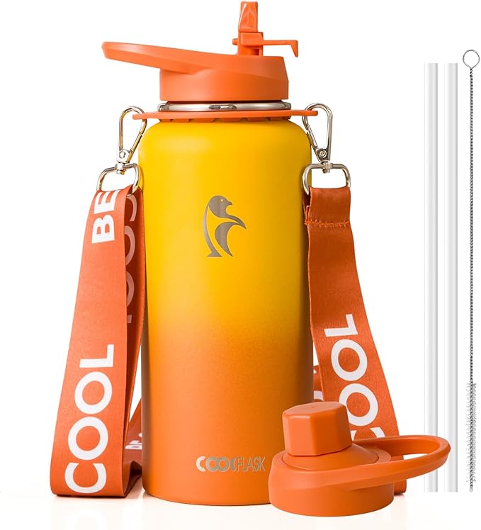 Coolflask Water Bottle with Straw, 32 oz Insulated Metal Water Flask with Straw & Spout Lids, Stainless Steel Double Wall Vacuum, Keep Cold 48h Hot 24h, Leak Proof, BPA-Free, Yellow/Orange