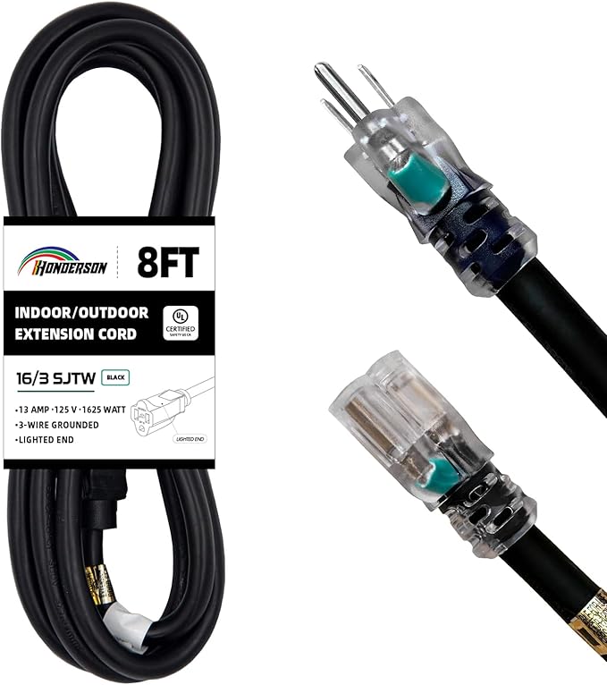 Indoor Outdoor Extension Cord Weatherproof with Lighted End, UL Certified, 16 Gauge 8FT Black 3 Prong Heavy Duty, 16/3 SJTW 13A Power Cord for Outdoor Lights, Lawn