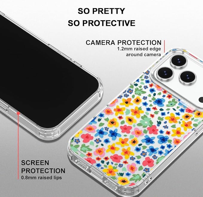 MOSNOVO for iPhone 17 Pro Case | Military Grade 6.6ft Drop Tested | Camera Control | Clear with Little Flowers Design