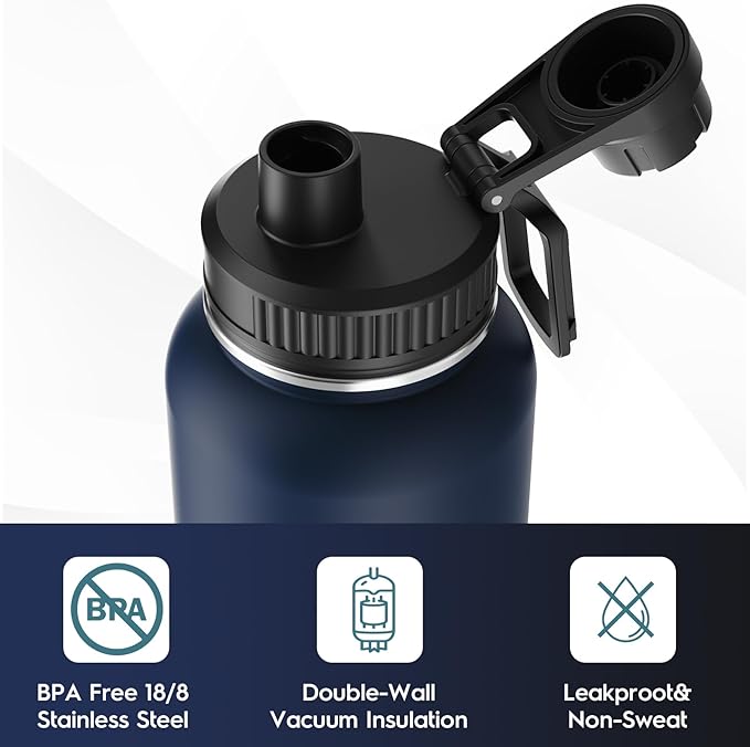 Navigate 32 oz Insulated Stainless Steel Sports Water Bottle with Spout & Handle Lids,Wide Mouth Water Jug with Double Walled Leak Proof Keep Cold for 24 Hrs Hot for 12 Hrs,Dark Blue