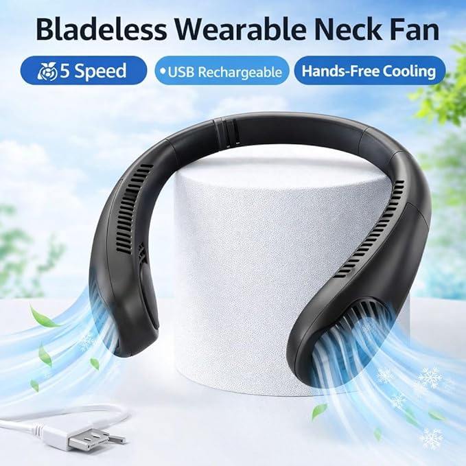Portable Neck Fan, Bladeless Neck Fan with 5 Speeds, Hands-Free Wearable Fan, USB Rechargeable Personal Cooling Fan, Quiet Lightweight for Travel, Outdoor Use