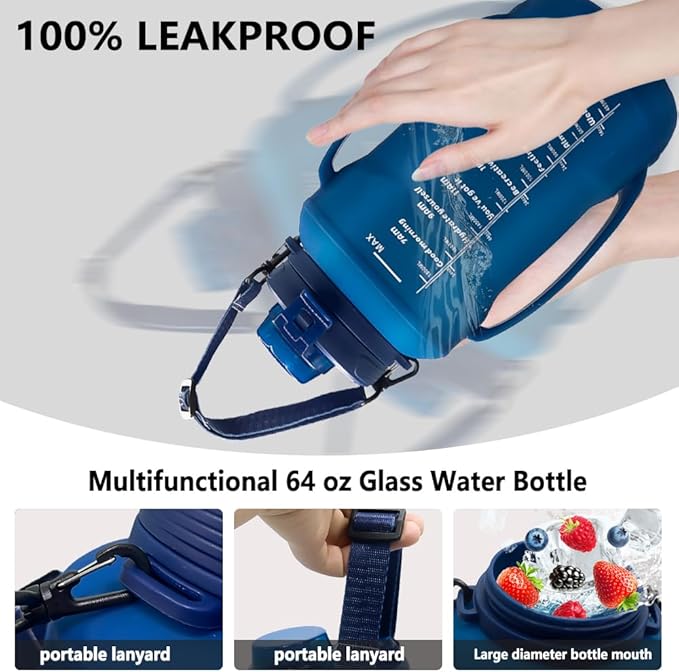 64oz Foldable Water Kettle - Straw & Motivational Time Marker, Half Gallon Silicone Reusable Bottle for Airport Travel, Outdoor Adventures & Home/Office (Blue)