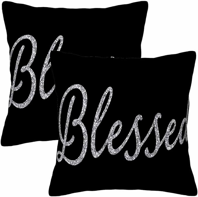 Bling Blessed White Throw Pillow Covers 18x18 Highlights Blessed Black Set of 2 Pillow Cases Square Velvet Outdoor Pillowcases Decorative for Home Bed Sofa Couch Hotel