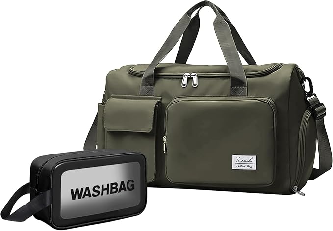 Suruid Gym Bag for Women Men, Travel Duffle Bag Large Capacity Carry On Weekender Bag With Shoe Compartment Gym Tote Dry Wet Separation Duffel Bag with Makeup Bag, Olive Green