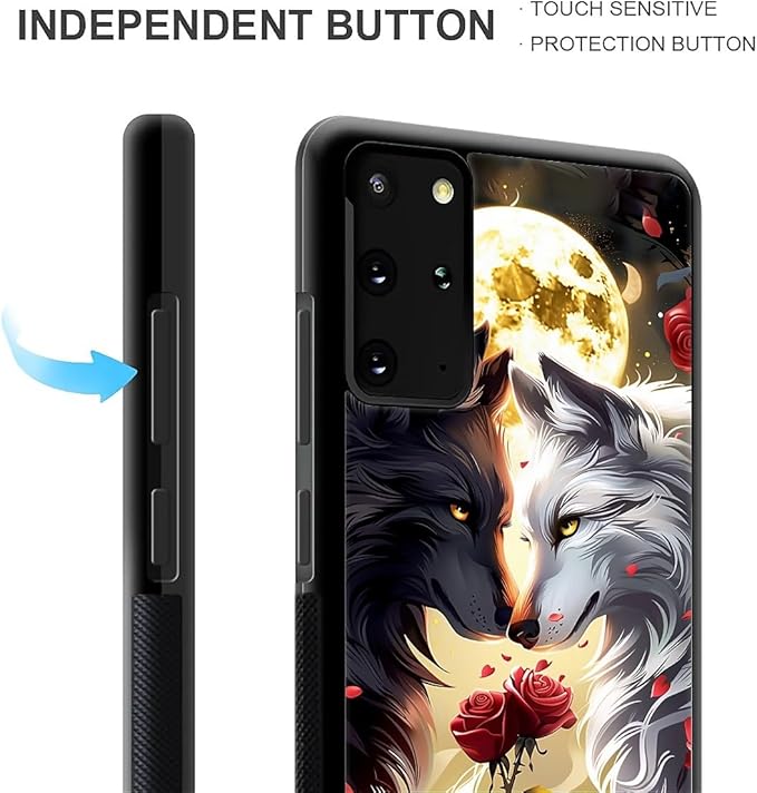 for Samsung Galaxy S20 Plus Case, Black White Wolf Moon Flower Rose Pattern Graphic Design Girl Boy Soft Silicone Hard Acrylic Shock Protection for Samsung Galaxy S20 Plus