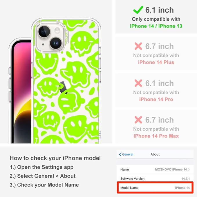 MOSNOVO for iPhone 13/14 Case | Military Grade 6.6ft Drop Tested | Clear with Distorted Green Smiles Face Design