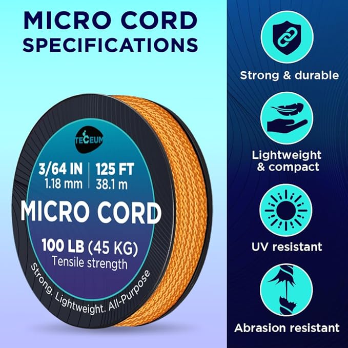 TECEUM Micro Paracord – 1.18 mm X 125 ft – Micro Utility Cord – Thin Braided Paracord Rope – Best for Crafting, DIY Projects, Fishing, Camping – Wind Chime Replacement – Survival Strong String