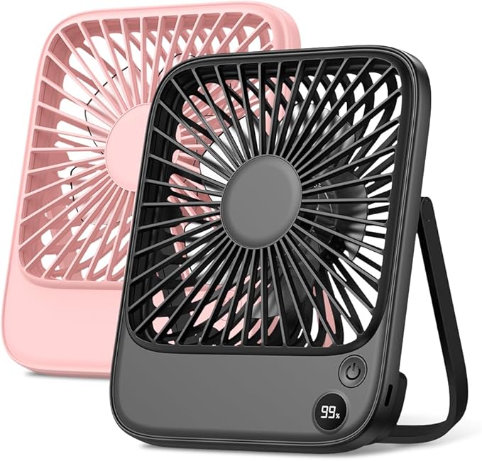 TOPK 2 Pack 5000mAh Portable Desk Fan, Ultra-Thin Rechargeable Battery Operated Fan with Digital Display, Quiet 4-Speed Small Personal Travel Fans for Office, Bedroom, Cruise, Outdoor
