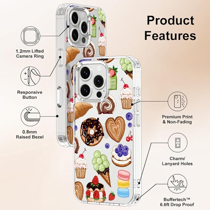 MOSNOVO for iPhone 16 Pro Case, Shockproof Military-Grade Protection 6.6ft Drop Tested, Clear Phone Case for iPhone 16 Pro, Sweet Treats Design