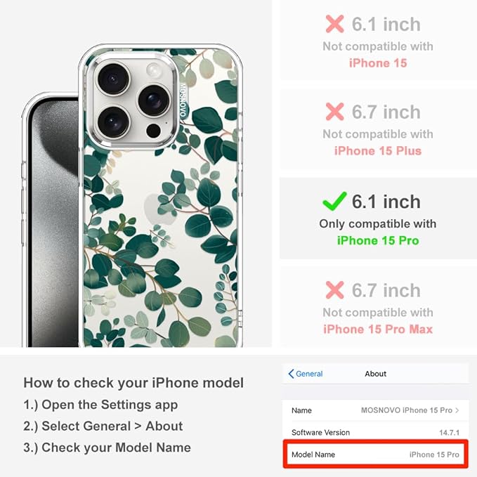 MOSNOVO Case for iPhone 15 Pro, [Buffertech 6.6ft Military-Grade Drop Protection] [Anti Peel Off Tech] Clear TPU Bumper Phone Case Cover Design - Eucalyptus