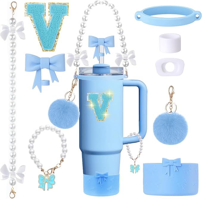 9pcs Stanley Cup Accessories Set- for 30oz 40oz Tumblers with Handle - Bule Kit Includes Bow Straw Topper and Boot, Charm, Pearl Handle Strap & Stickers - Aesthetic Girl Gifts (V)