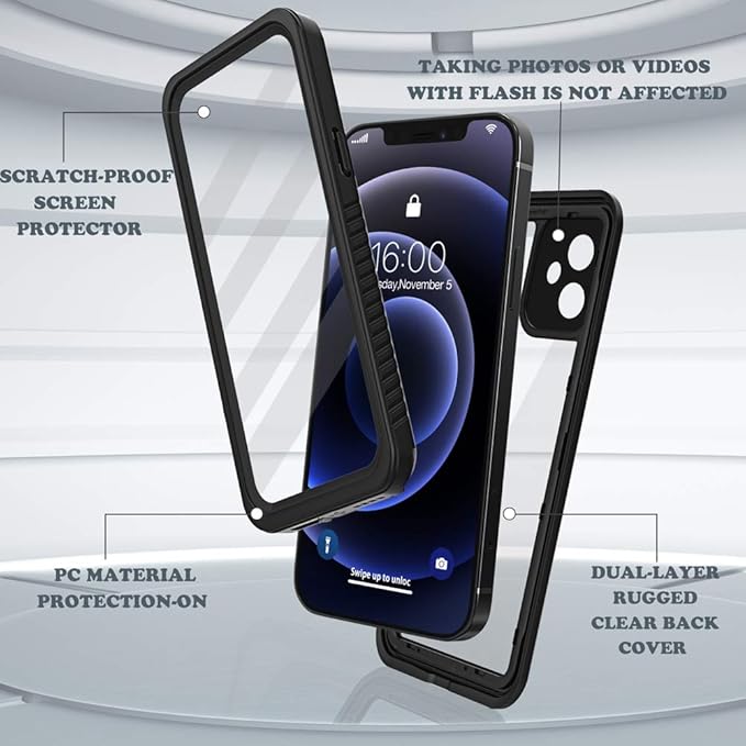 Diverbox for iPhone 12 Waterproof Case,Waterproof Shockproof Dustproof IP68 Full-Body Hard Case Built-in Screen Protector Underwater Outdoor Waterproof Cover for iPhone 12,6.1 in (Black)