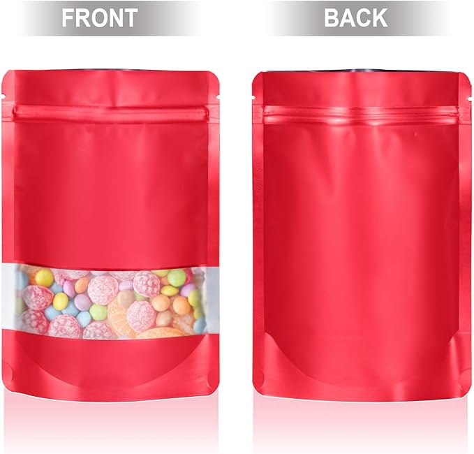 7.1"x10.2" 1 Quart 120pcs Mylar Bags for Food Storage,Smell Proof Bag with Matte Window Resealable Food Storage Bags for Small Business, Stand-up Foil Pouch Packaging Freeze Dried Candy Bag（Red）