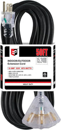 EP 50 Ft Lighted Outdoor Extension Cord with 3 Electrical Power Outlets - 12/3 SJTW Heavy Duty Black Extension Cable with 3 Prong Grounded Plug for Safety, UL Listed