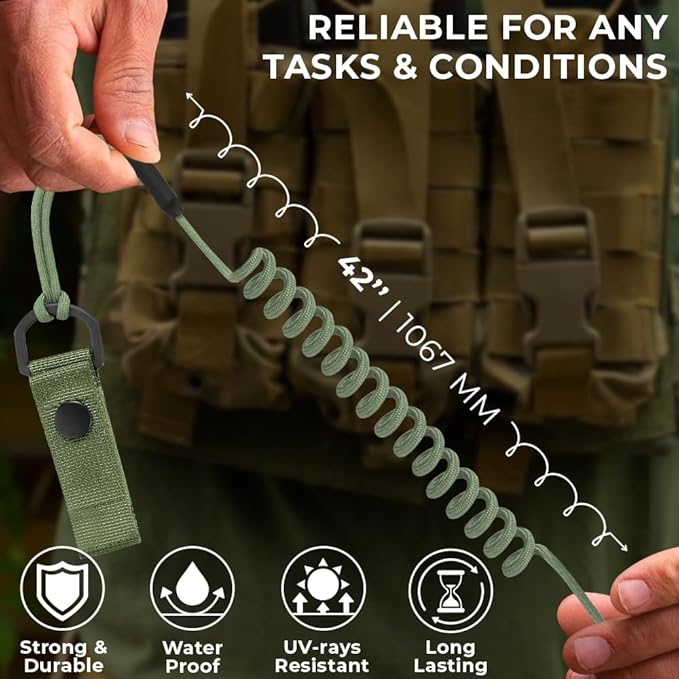 TECEUM Tactical Pistol Lanyard – 3+ Colors – Equipment Accessories for Military, Police, Security & Personal Use – Spring Safety Strap with D-Ring Keeper – Anti-Loss Elastic Coil for Belt or MOLLE