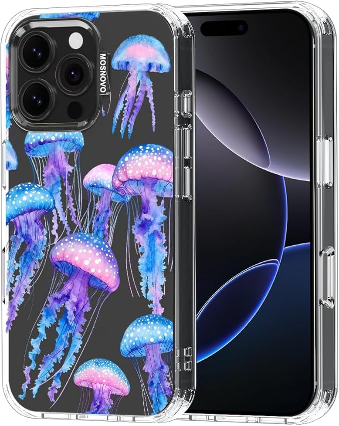 MOSNOVO for iPhone 16 Pro Max Case, Shockproof Military-Grade Protection 6.6ft Drop Tested, Clear Phone Case for iPhone 16 Pro Max, Mystic Jellyfish Design