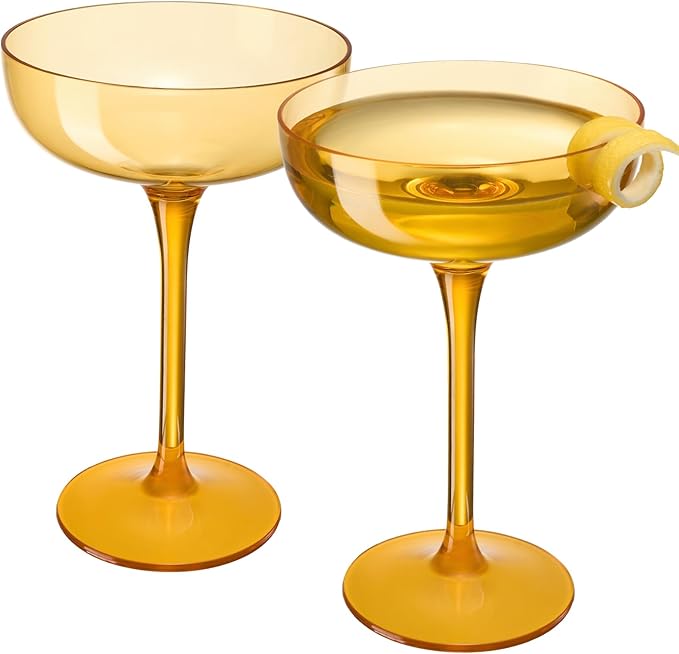 Acrylic Shatterproof Martini, Margarita, Champagne & Cocktail Unbreakable Glasses | Set of 2 | Large Plastic Coupe Glasses 15oz, Tritan Drinkware, BPA-free, Reusable, Pool, Indoor & Outdoor (Yellow)