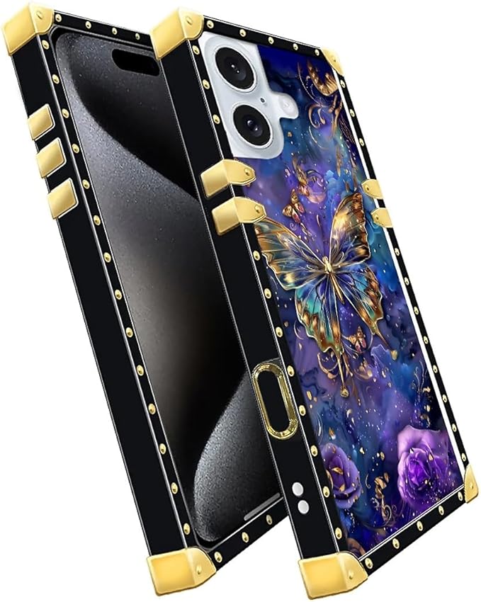 Compatible with iPhone 16 Plus Case, Glistening Golden Butterfly Vibrant Purple Blue Luxury Golden Decoration for Girl Women Soft TPU Shockproof Protective Hard PC Back
