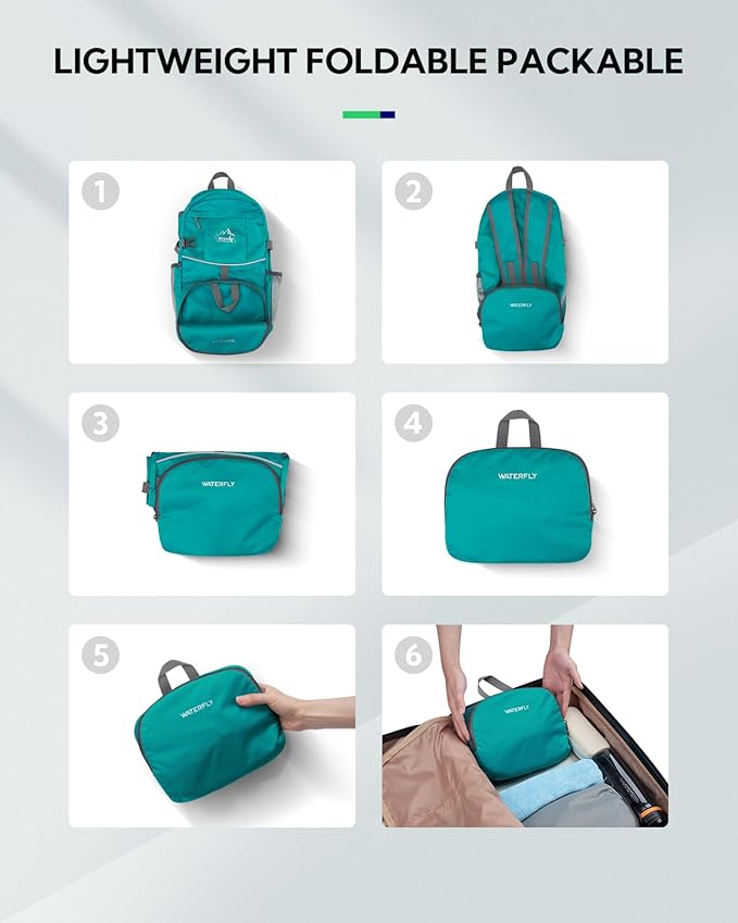 WATERFLY Hiking Packable Daypack Backpack: 25L Ultra Lightweight Day Pack for Woman Man - Small Compact Folding Back Pack for Outdoor Sport Cycling Camping Travel Trip - Turquoise