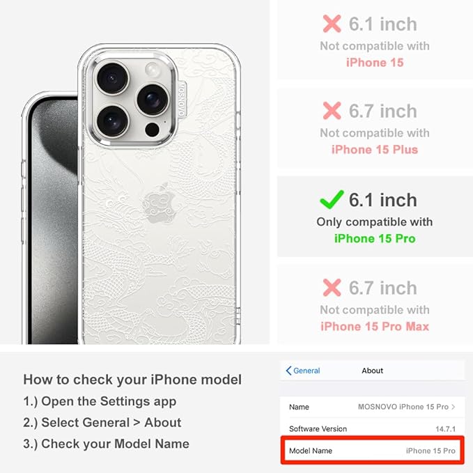 MOSNOVO Case for iPhone 15 Pro, [Buffertech 6.6ft Military-Grade Drop Protection] [Anti Peel Off Tech] Clear TPU Bumper Phone Case Cover Design - White Dragon