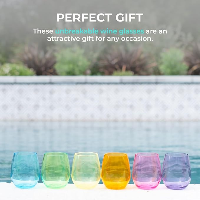 Premium Unbreakable Stemless Wine Glasses – Set of 6 BPA-Free Shatterproof Reusable Plastic Acrylic Wine Glasses | Elegant Crystal-Clear Wine Cups for Outdoor, Wedding, Home Bar Mothers Day Gifts