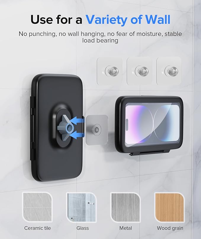 LC-dolida Shower Phone Holder Waterproof 480 Rotation Phone Stand Case Mount for Bathroom Batheub Kitchen Wall Mirro Compatible with iPhone 17 16 15 14 13 Plus Pro Max XS XR up to 6.8" Cell Phone