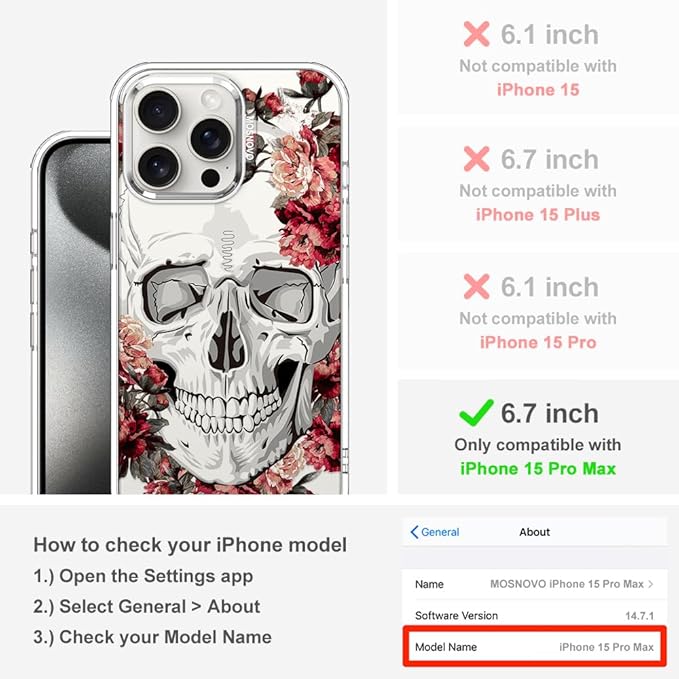 MOSNOVO Case for iPhone 15 Pro Max, [Buffertech 6.6ft Military-Grade Drop Protection] [Anti Peel Off Tech] Clear TPU Bumper Phone Case Cover Design - Red Flower Skull
