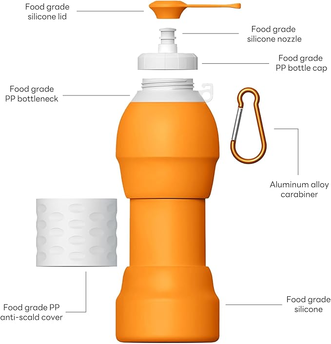 Collapsible Lightweight 20oz Water Bottle, Food-Grade Silicone BPA Free, Foldable Portable Leak Proof Office Travel Cycling Sports Outdoor Water Bottle with Vertical Hook (orange, long nozzle)