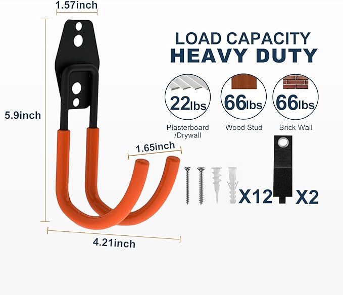 Garage Hooks Heavy Duty, 6 Pack Large Round Steel Garage Storage Hooks with Anti-Slip Coating, Multi-Purpose Ladder Hooks for Hanging Garden Tools, Hoses, Bikes and Folding Chairs (Orange)