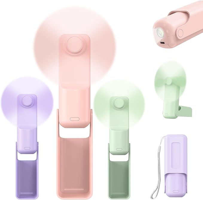 VanSmaGo 3 Pcs Portable Handheld Fans, 3 IN 1 USB-C Rechargeable [10H Working time] Mini Fan with 3 Speed, Flashlight, Lanyard, Folding Personal Fan, Gifts for Women Men Girls Kids, Purple&Pink&Green