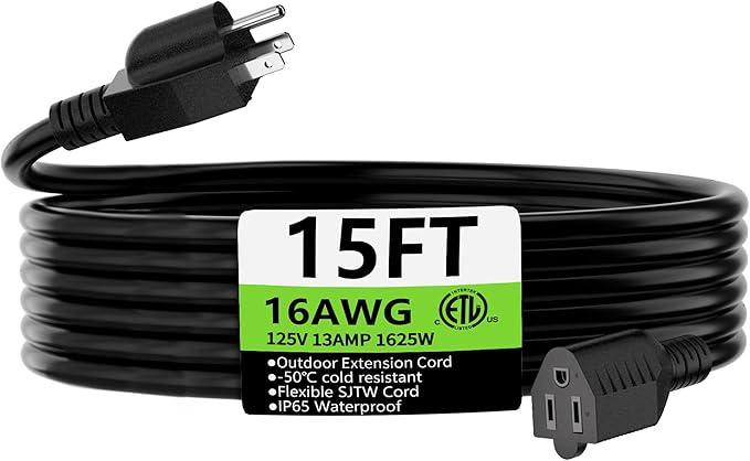 HUANCHAIN 15 FT 16 Gauge Black Indoor Outdoor Extension Cord Waterproof, Flexible Cold Weather 3 Prong Electric Cord Outside, 13A 1625W 125V 16AWG SJTW, ETL Listed