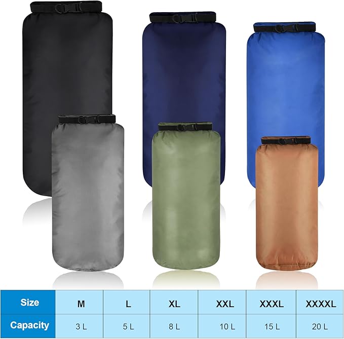 Shappy 6 Pcs Waterproof Dry Bag Set Ultralight Stuff Sack 20/15/10/8/5/3L Backpacking Bag with Long Adjustable Strap Outdoor Keep Gear Dry Sack for Camping Kayaking Boating Hiking Travel