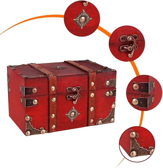 SICOHOME Treasure Chest, 7.1" Vintage Wooden Decorative Box with Pirate Trinkets for Jewelry, Tarot Cards, Gifts and Home Decoration Christmas Ornament Storage