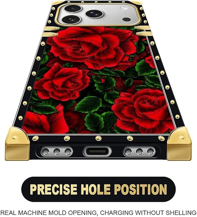 for iPhone 17 Pro Case Luxury Golden Decoration for Girl Women Soft TPU Shockproof Protective Hard PC Back for iPhone 17 Pro Crazy Pattern Vector Red Rose Green Leaf